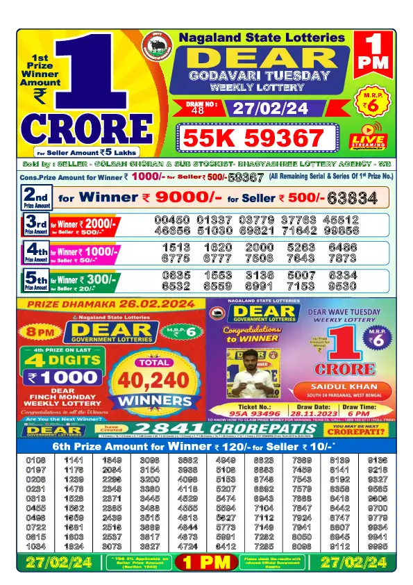 Nagaland dear lottery result 1pm 27-Feb-2024